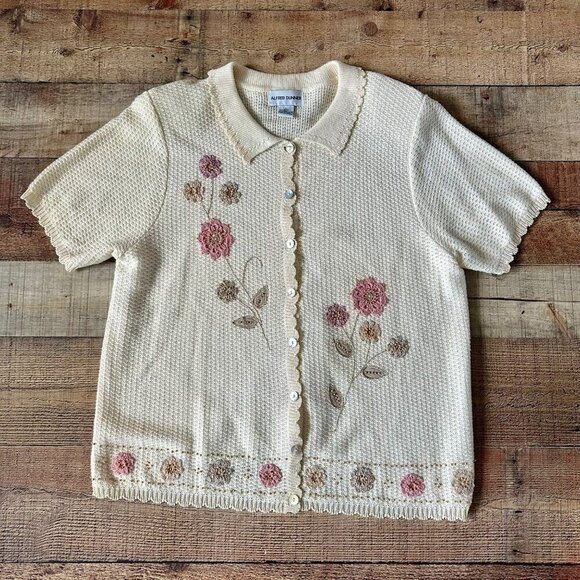 Alfred Dunner Sweaters - Vintage Alfred Dunner Floral Knit Cardigan Sweater L